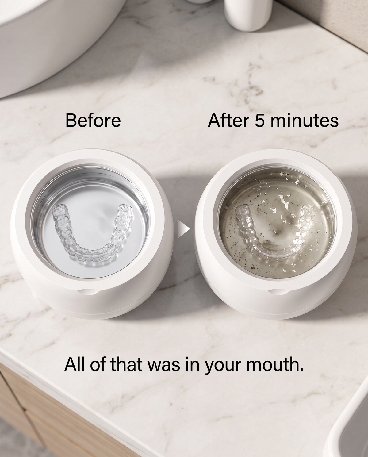 Before and after 5 minutes: cloudy water shows what SonicPod removed from your retainer
