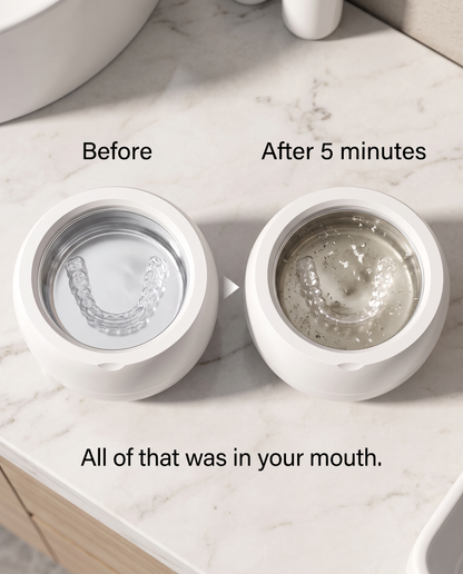 Before and after 5 minutes: cloudy water shows what SonicPod removed from your retainer