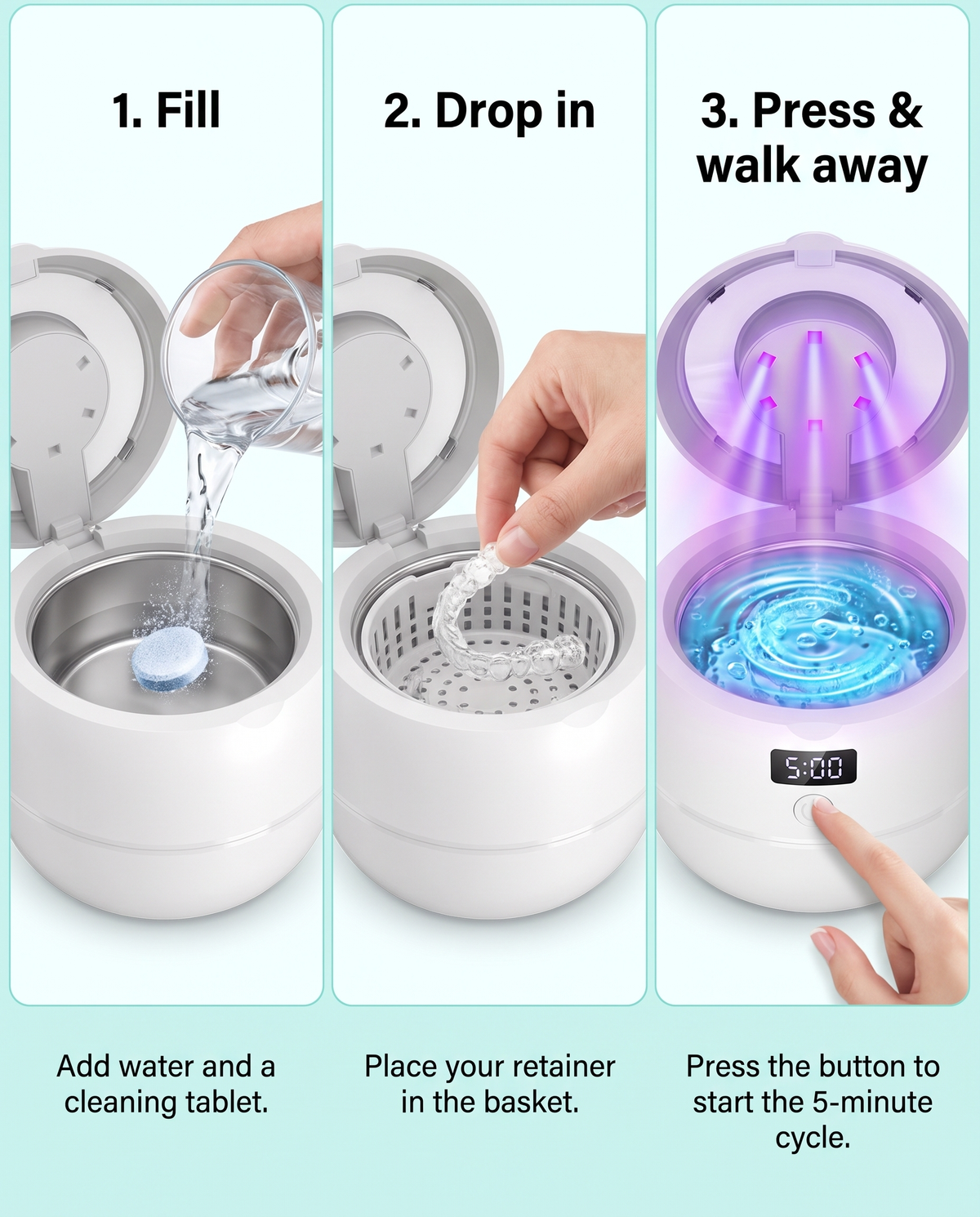 How SonicPod works: 1. Fill, 2. Drop in, 3. Press and walk away